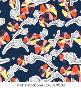 trendy cut paper craft collage pattern design with flowers tulip and poppies