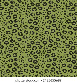 trendy cute animal print leopard skin green olive background seamless pattern