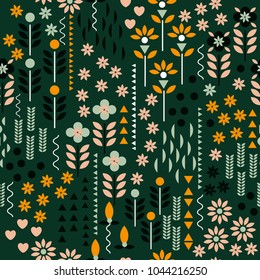 Trendy and cute Beautiful retro Vector geometric flower pattern. Seamless cute spring or summer floral pattern. Background with flowers on dark green background.