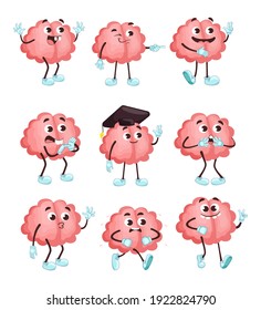 Trendy cute brain in different poses flat illustration set. Cartoon brainy character emotions isolated vector illustration collection. Brainpower, mind and intelligence concept