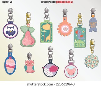 TRENDY AND CUTE CHARACTER ZIPPER SLIDER AND PULLERS FOR TODDLER GIRLS AND BABY GIRLS IN VECTOR