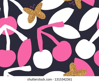 Trendy cute childish print with cherries. Vector hand drawn illustration. Fashionable template for design. 