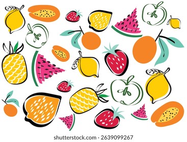 Trendy cute garden Picnic with Hand drawn mixed summer Fruits Illustration , Vacation Holiday seamless pattern ,Design for fashion , fabric, textile, wallpaper , wrapping and all prints