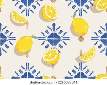 Bonito jardín de moda Picnic con fruta de limón en la Ilustración en mosaico , Vacaciones Patrón sin fisuras ,Diseño de moda , tela, textil, papel pintado , envoltura y todas las impresiones 