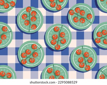 Trendy cute garden Picnic  with Tomatoes on checkered Illustration , Vacation Holiday seamless pattern ,Design for fashion , fabric, textile, wallpaper , wrapping and all prints 