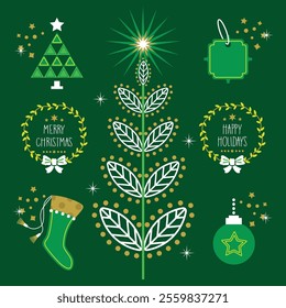 Trendy cute green absract Merry Christmas and Happy Holiday symbols and objects icons set design elements with sparkles poster