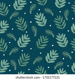 Trendy cute green leaf and dot element seamless pattern on dark green background. 