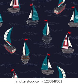 Trendy and cute hand drawn boat on the ocean seamless pattern in vector design for fashion,fabric,web,wallpaper,and prints on navy blue background color