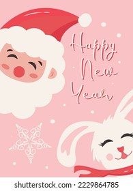 Moderno lindo Feliz Año Nuevo tarjeta de felicitación ho ho ho Feliz Navidad plantilla Diseño minimalista lindo santa y liebre símbolo conejo 2023 A5