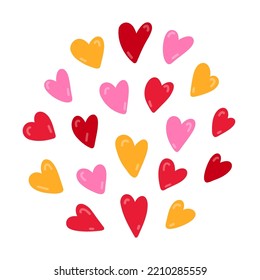 Trendy and cute illustration of bunch of hearts. Hand drawn vector clipart isolated on background. Concept of love, romance, holiday, 14 of February. For Valentine's day card, sticker, scrapbook.
