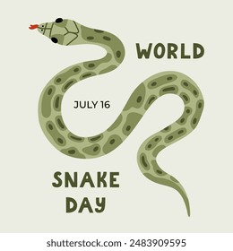 Trendy cute poster for World Snake Day at 16th of July with cartoon jungle serpent and typography. Holiday concept for website, banner, background, card to raise awareness about importance of snakes.