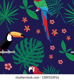 Trendy cute seamless pattern on a blue background with a parrot flowers tropic plants. summer, sun, warm.