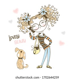 Trendy cute teen girl with curly hair talking on the phone. Vector. 