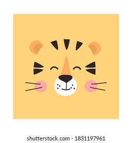 Trendy cute TIger. Funny animal face. Perfect for textiles, prints, posters and more. Isolated and grouped. Colorful Cartoon Flat Vector Illustration