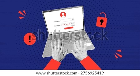 Trendy cyber security threat concept with human hands typing on laptop and password error alert in retro halftone collage style. Contemporary hacking risk vector illustration