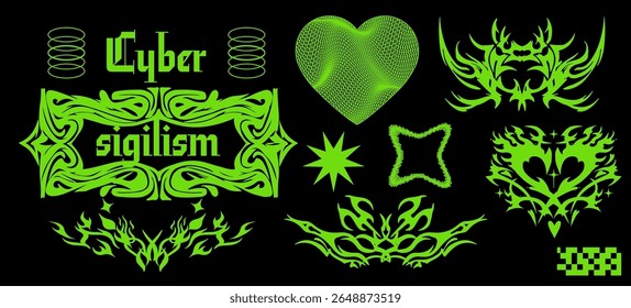 Trendy cyber sigilism vector illustration. Neon green tribal symbols, heart, spiky shapes, and gothic text on black. Bold digital, geometric and futuristic shapes.