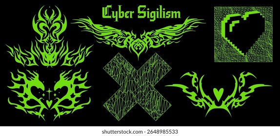 Ilustração de vetor de ciber-sigilismo na moda. Símbolos tribais verde neon, coração, formas pontiagudas e texto gótico em preto. Formas digitais, geométricas e futuristas arrojadas.