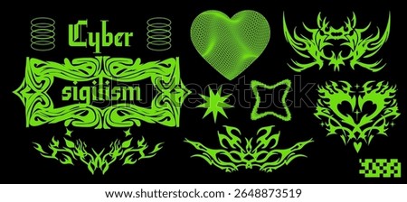 Trendy cyber sigilism vector illustration. Neon green tribal symbols, heart, spiky shapes, and gothic text on black. Bold digital, geometric and futuristic shapes.