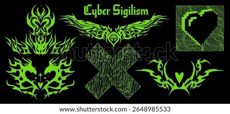 Trendy cyber sigilism vector illustration. Neon green tribal symbols, heart, spiky shapes, and gothic text on black. Bold digital, geometric and futuristic shapes.
