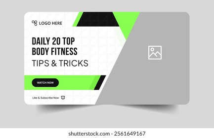 Trendy daily body fitness tips and tricks video thumbnail banner design, everyday yoga and exercise techniques video cover banner design, fully customizable vector eps 10 file format