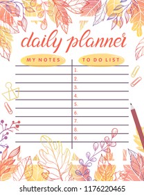 Trendy daily planner with autumn leaves and floral elements in fall colors.Perfect template for organizer and schedule with notes.Unique vector illustration for effective planning.