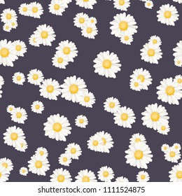 Trendy daisy chamomile flowers botanical scattered random pattern. Seamless ditsy floral texture for prints. Hand drawn style. Dark navy blue background. Vector illustration fashion, textile, fabric.