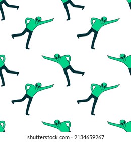 Trendy dancing alien, Background seamless pattern illustration for t-shirt, sticker, or apparel merchandise. With retro, and doodle cartoon style.