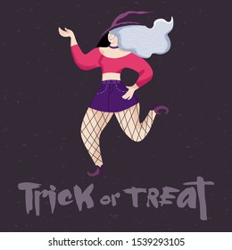 Trendy dancing witch with lettering Trick or Treat. Hand drawn vector character. Halloween textured greeting card, costume party. 