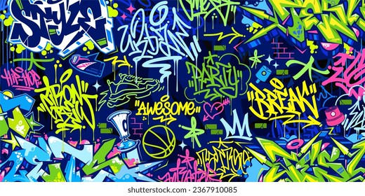 Trendy Dark Blue Colorful Abstract Urban Style Hiphop Graffiti Street Art Vector Illustration Background Template