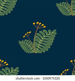 Trendy dark Floral pattern with green leaves of fern and yellow forest fruits and flowers. Seamless vector texture for fashion prints. Printing with in hand drawn style on deep background.