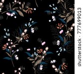 Trendy  dark Floral pattern in the many kind of flowers. Botanical  Motifs scattered random. Seamless vector texture. for fashion prints. Printing with in hand drawn style on black background.