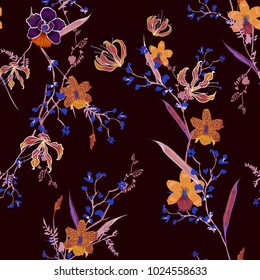 Trendy  dark Floral pattern in the many kind of flowers. Botanical  Motifs scattered random. Seamless vector texture. for fashion prints. Printing with in hand drawn style on dark maroon background.