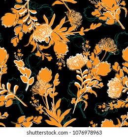 Trendy  dark Floral pattern in the many kind of colorful flowers. Botanical in garden outline silhouette. Seamless vector for fashion fabric and all prints,with in hand drawn style on black background