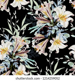 Trendy dark Floral pattern with the many kind of flowers. Botanical Motifs scattered random. White lilies and herbs seamless pattern.