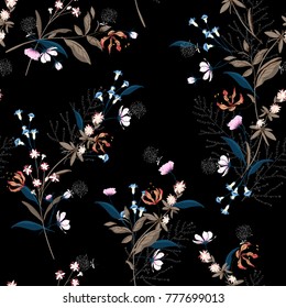 Trendy  dark Floral pattern in the many kind of flowers. Botanical  Motifs scattered random. Seamless vector texture. for fashion prints. Printing with in hand drawn style on black background.