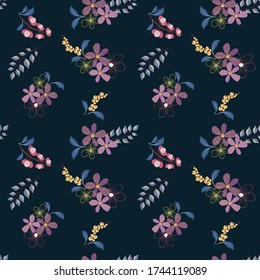 Diseño floral oscuro y moderno con elementos dibujados a mano. Elegante textura de fondo con flores lindas dispersas, hojas, ramas, bayas, brotes sobre fondo negro. Ilustración de estilo Doodle
