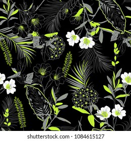 Trendy dark forest with neon green blooming garden outline and hand painting flowers many kind of floral in seamless pattern vector illustration on black background