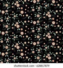 Trendy Dark Pattern with Small Flowers on Black Background. Seamless Floral Motif for Calico, Chintz, Printed Cotton. Girlie Blossoms for Dress, Cloth, Curtains. Wallpaper with Little Floral Ornament