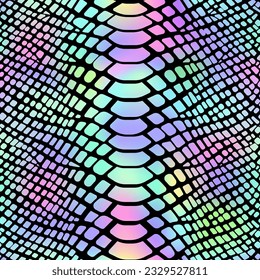 Trendy dark rainbow snake skin vector seamless pattern. Neon wild animal reptile skin, shiny rainbow gradient repeat texture on black background for fashion print design, wrapping paper, wallpaper.