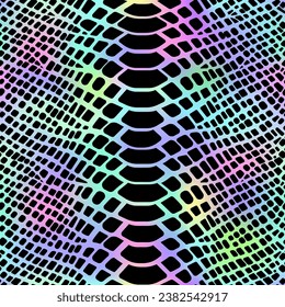 Trendy dark rainbow snake skin vector seamless pattern. Neon wild animal reptile skin, repeat black texture on shiny rainbow gradient background for fashion print design, wrapping paper, wallpaper.