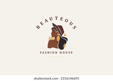 Trendy dark skin fashion African woman in hat golden summer accessories logo design template vector flat illustration. Stylish Afro female portrait elegant lady coiffure beauty cosmetic studio