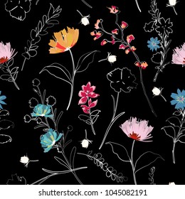 Trendy dark Summer night  garden outline and hand painting flowers many kind of floral in seamless pattern vector illustration on black background