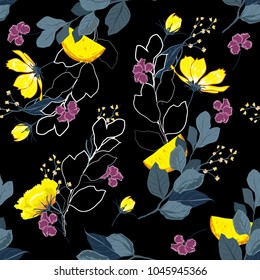 Trendy dark Summer night  garden outline and hand painting flowers many kind of floral in seamless pattern vector illustration on black background