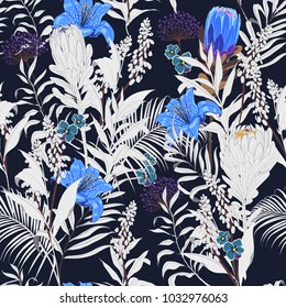 Trendy dark Summer night unfinished garden flowers outline in hand sketch and drawing ,many kind of floral in seamless pattern vector illustration on navy blue  background