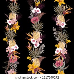 Trendy Dark tropical exotic forest with blooming summer flowers and fruits create in line vertical stripe design for fashion, fabric, wallpaper and all prints on black background color