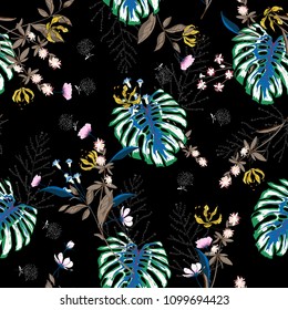 Trendy  dark tropical Floral pattern in the many kind of flowers. Seamless vector texture. for fashion prints. Printing with in hand drawn style on black background.