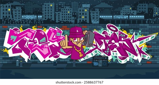 Trendy Dark Urban Graffiti Wall With Drawings At Night Against The Background Of The Cityscape