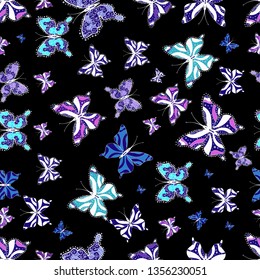 Trendy Decoration with Beautiful Butterfly Silhouettes. Vector Background with Moth. Summer Background with butterflies black and blue colors. Simple Feminine Pattern for Card, Invitation, Print.