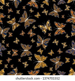 Trendy Decoration with Beautiful Butterfly Silhouettes. Spring Background with Colorful Butterflies. Cute Feminine Pattern for Card, Invitation, Print. Vector Background on black, blue, brown colors.