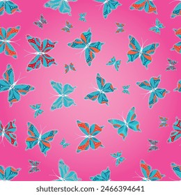 Trendy Decoration with Beautiful Butterfly Silhouettes. Vector Background on blue, white and pink colors. Cute Feminine Pattern for Card, Invitation, Print. Spring Background with Colorful Butterflies